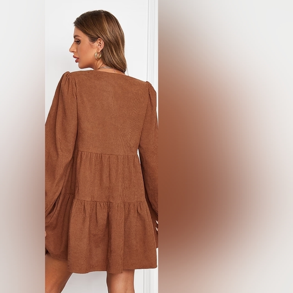 NWT Medium Cupshe Burnt Orange Brown Bernadette V-Neck Tiered Mini Dress - Picture 2 of 9